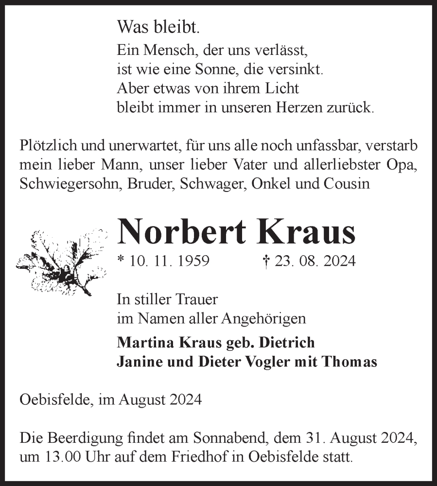  Traueranzeige für Norbert Kraus vom 28.08.2024 aus Volksstimme Altmark West