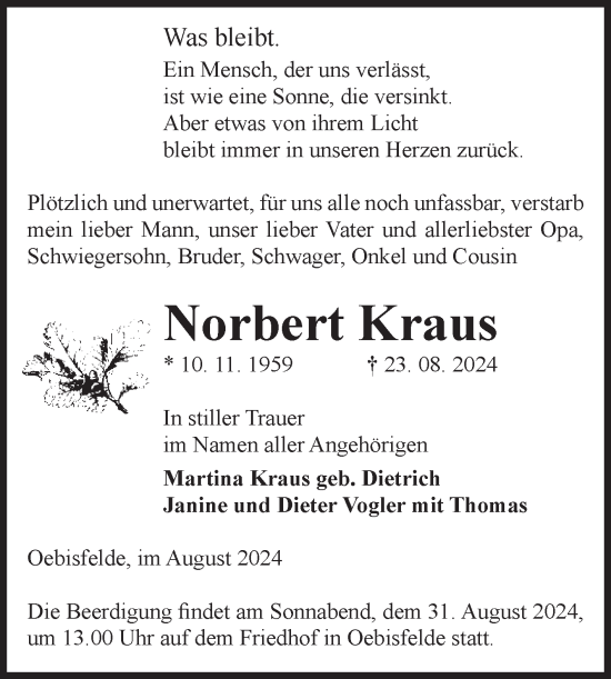 Traueranzeige von Norbert Kraus von Volksstimme Altmark West