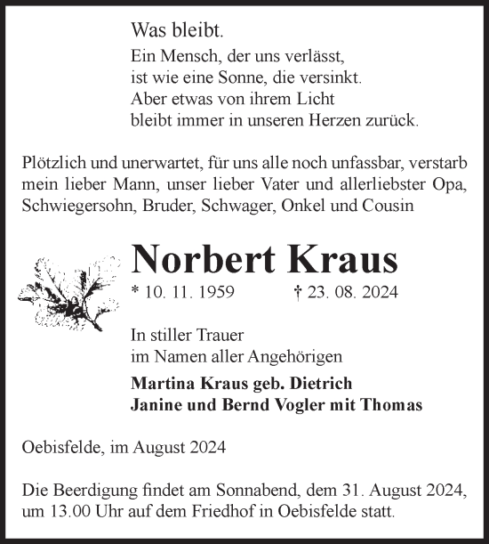 Traueranzeige von Norbert Kraus von Volksstimme Altmark West