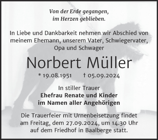 Traueranzeige von Norbert Müller von Trauerkombi Bernburg
