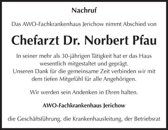 Traueranzeige von Norbert Pfau von Volksstimme Burg/Genthin