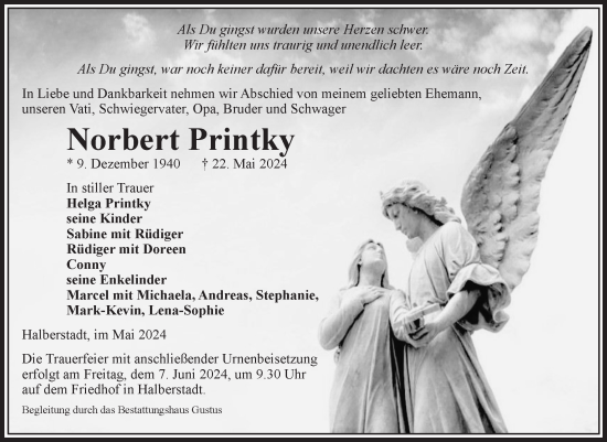 Traueranzeige von Norbert Printky von Volksstimme Halberstadt