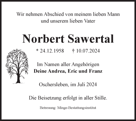 Traueranzeige von Norbert Sawertal von Volksstimme Oschersleben/Wanzleben