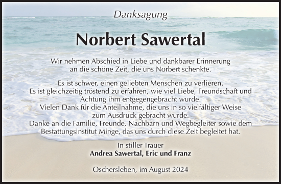 Traueranzeige von Norbert Sawertal von Volksstimme Oschersleben/Wanzleben