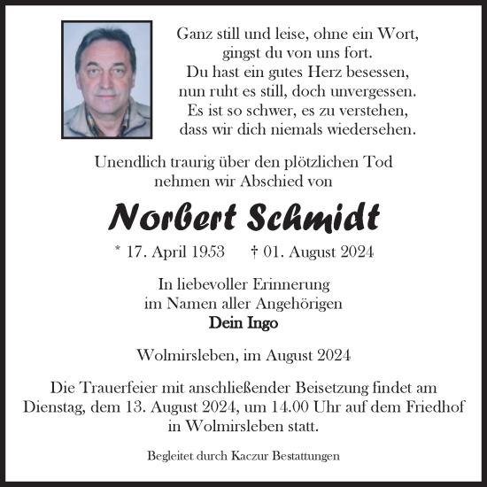 Traueranzeige von Norbert Schmidt von Volksstimme Staßfurt
