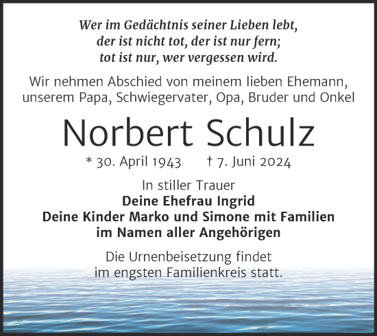 Traueranzeige von Norbert Schulz von Trauerkombi Dessau