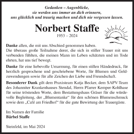 Traueranzeige von Norbert Staffe von Volksstimme Altmark Ost