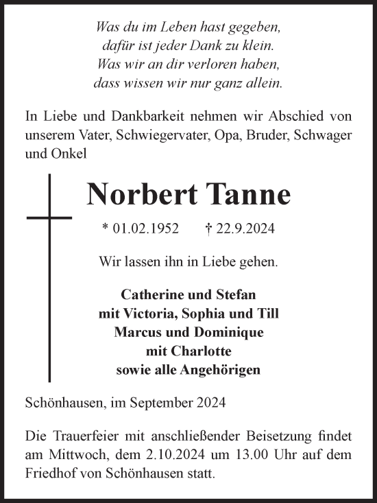Traueranzeige von Norbert Tanne von Volksstimme Altmark Ost