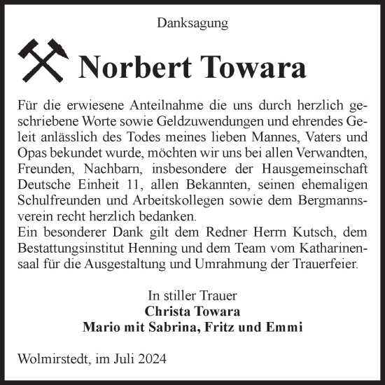 Traueranzeige von Norbert Towara von Volksstimme Oschersleben/Wanzleben
