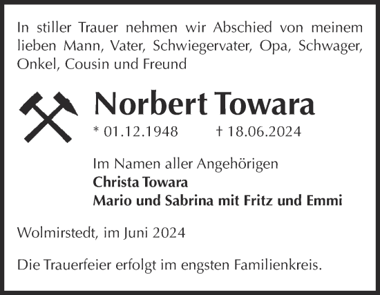 Traueranzeige von Norbert Towara von Volksstimme Oschersleben/Wanzleben