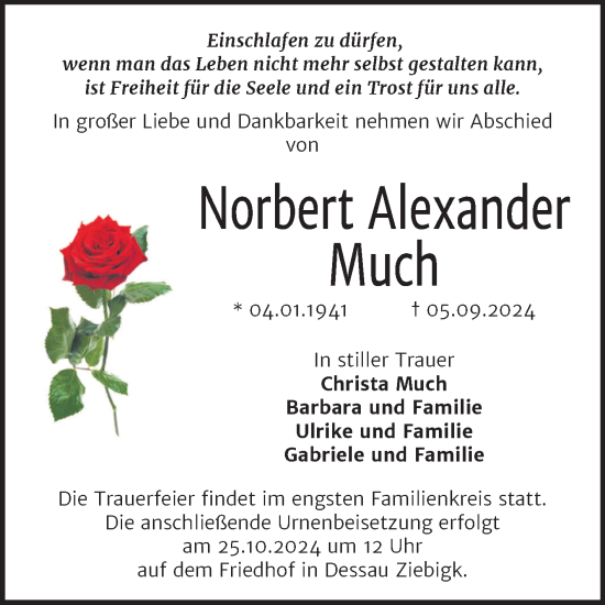 Traueranzeige von Norbert Alexander Much von Trauerkombi Dessau