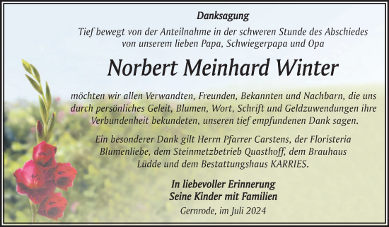 Traueranzeige von Norbert Meinhard Winter von Trauerkombi Quedlinburg