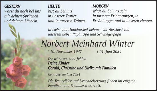 Traueranzeige von Norbert Meinhard Winter von Trauerkombi Quedlinburg