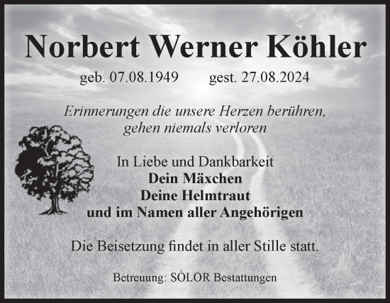 Traueranzeige von Norbert Werner Köhler von Volksstimme Magdeburg