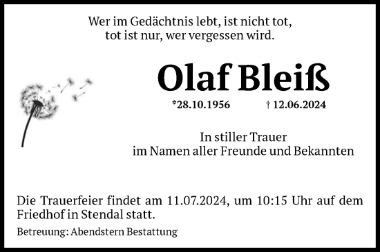 Traueranzeige von Olaf Bleiß von Volksstimme Altmark Ost