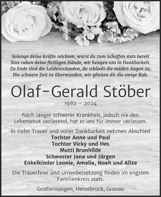 Traueranzeige von Olaf-Gerald Stöber von Trauerkombi Sangerhausen