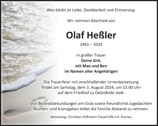 Traueranzeige von Olaf Heßler von Volksstimme Altmark West