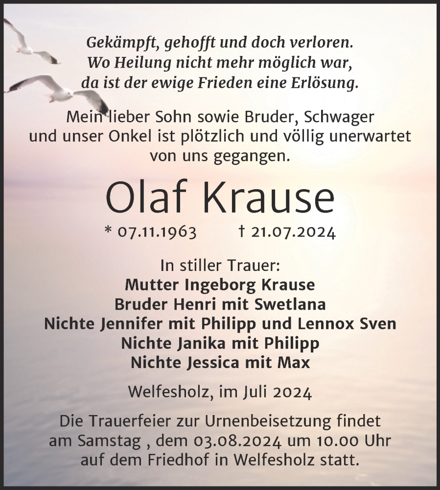  Traueranzeige für Olaf Krause vom 26.07.2024 aus Trauerkombi Mansfelder Land