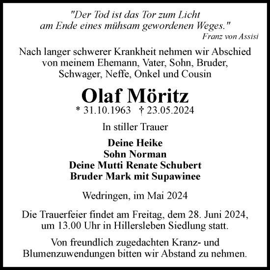 Traueranzeige von Olaf Möritz von Volksstimme Haldensleben/Wolmirstedt