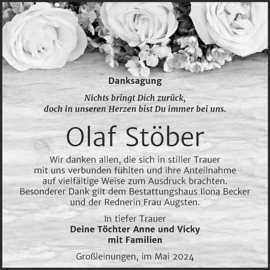 Traueranzeige von Olaf Stöber von Trauerkombi Sangerhausen