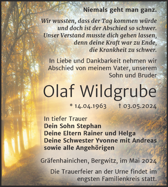 Traueranzeige von Olaf Wildgrube von Trauerkombi Wittenberg