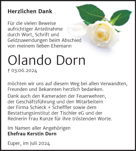 Traueranzeige von Olando Dorn von Trauerkombi Wittenberg