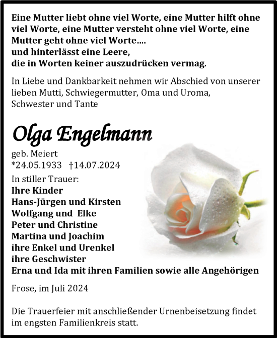Traueranzeige von Olga Engelmann von Trauerkombi Aschersleben