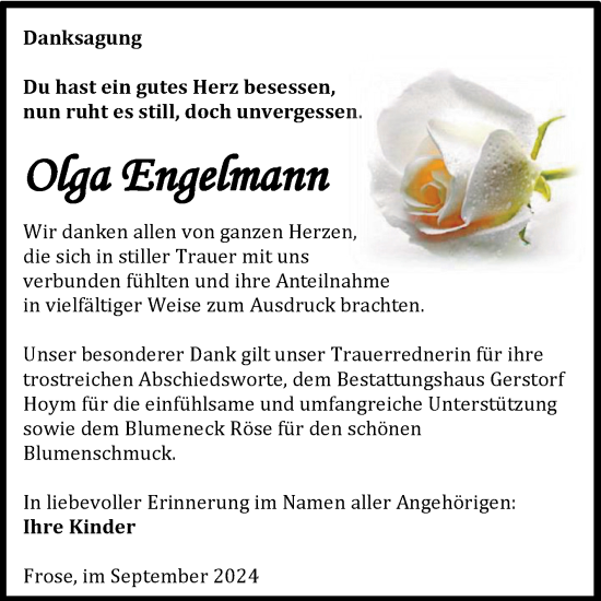 Traueranzeige von Olga Engelmann von Trauerkombi Aschersleben