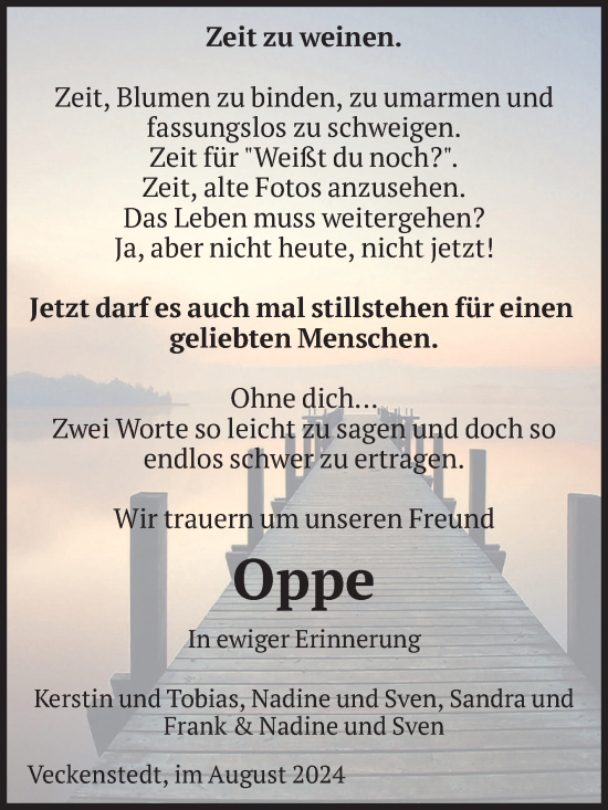 Traueranzeige von Oppe  von Volksstimme Wernigerode