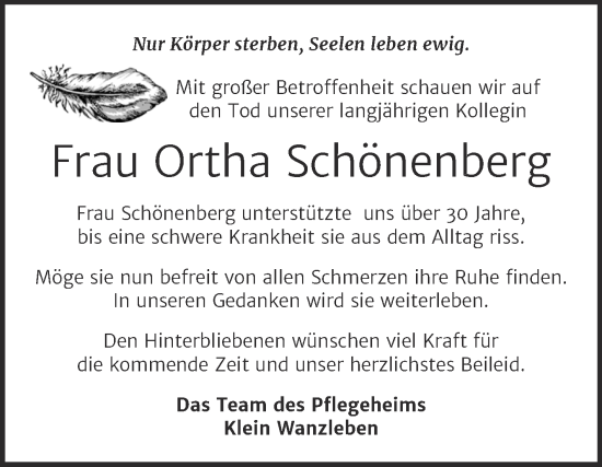 Traueranzeige von Ortha Schönenberg von Volksstimme Oschersleben/Wanzleben