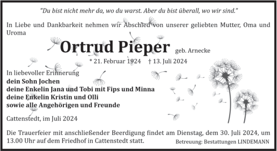 Traueranzeige von Ortrud Pieper von Volksstimme Wernigerode