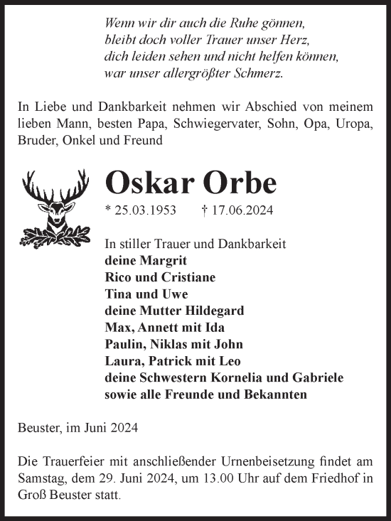 Traueranzeige von Oskar Orbe von Volksstimme Altmark Ost