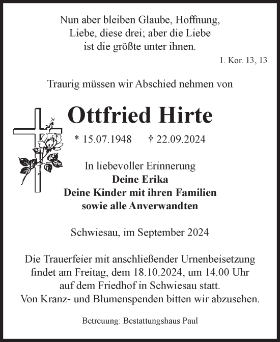 Traueranzeige von Ottfried Hirte von Volksstimme Altmark West