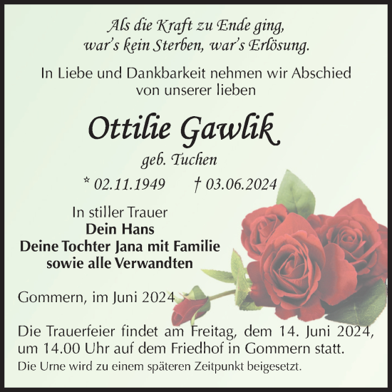 Traueranzeige von Ottilie Gawlik von Volksstimme Burg/Genthin