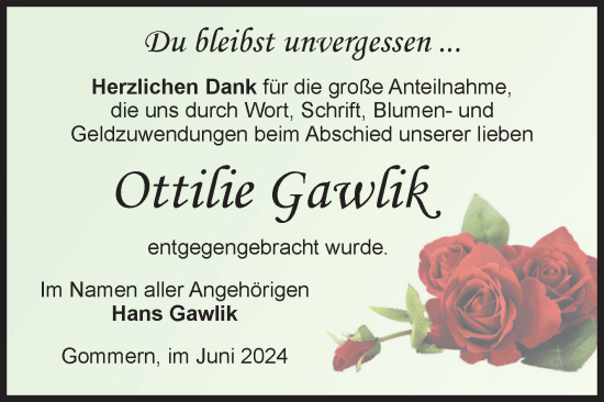 Traueranzeige von Ottilie Gawlik von Volksstimme Burg/Genthin