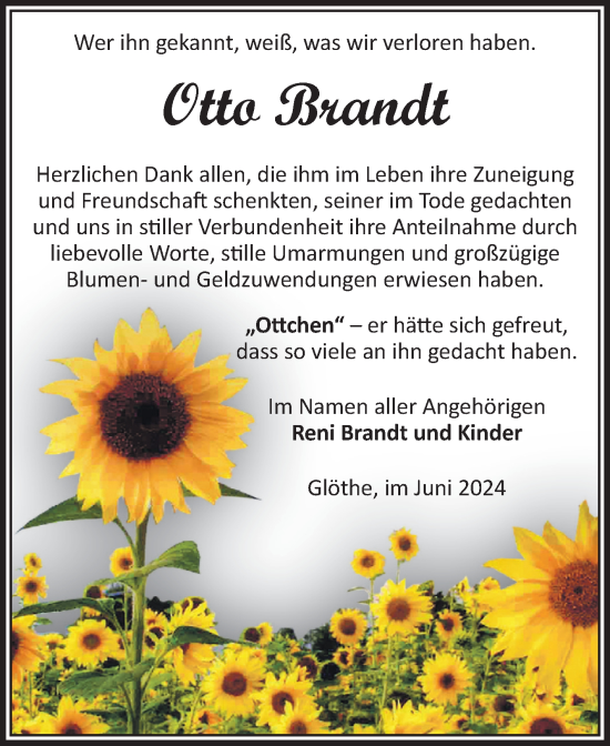 Traueranzeige von Otto Brandt von Volksstimme Schönebeck
