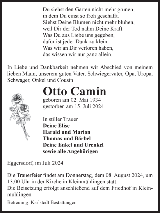 Traueranzeige von Otto Camin von Volksstimme Schönebeck
