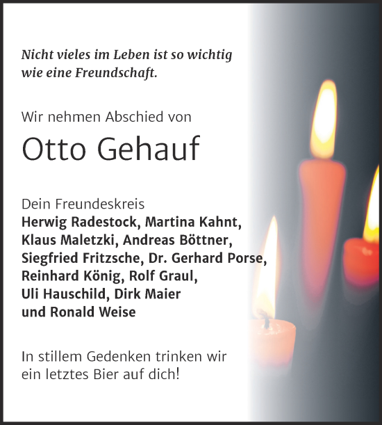 Traueranzeige von Otto Gehauf von Super Sonntag Naumburg/Nebra