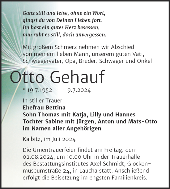 Traueranzeige von Otto Gehauf von Super Sonntag Naumburg/Nebra