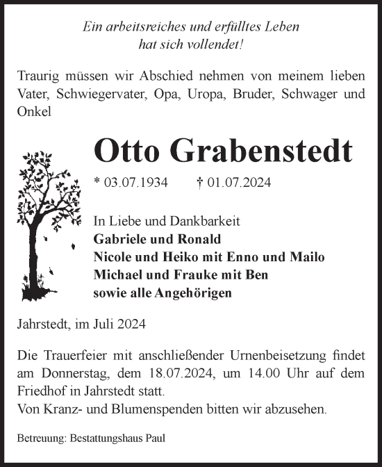 Traueranzeige von Otto Grabenstedt von Volksstimme Altmark West