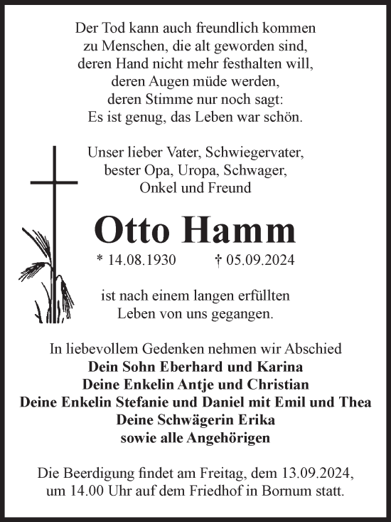 Traueranzeige von Otto Hamm von Volksstimme Zerbst