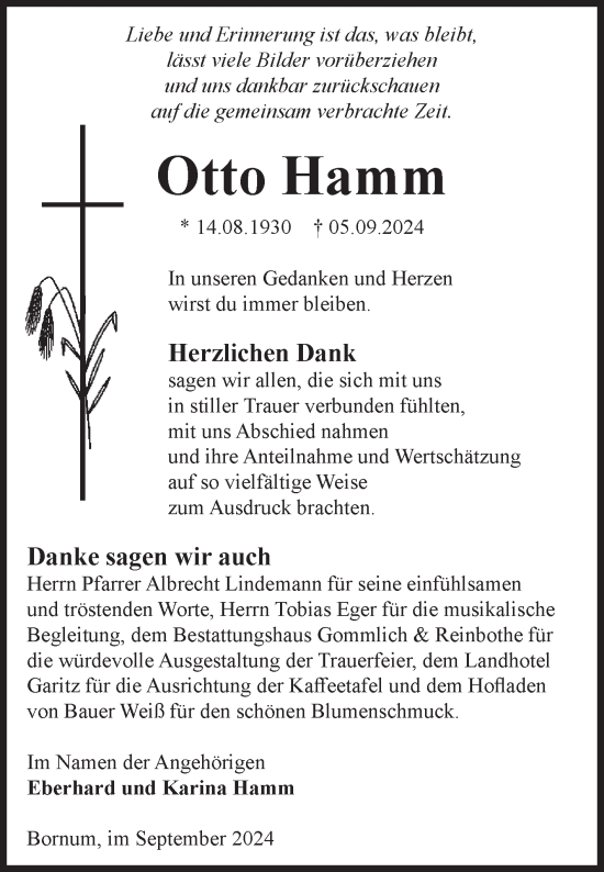 Traueranzeige von Otto Hamm von Volksstimme Zerbst