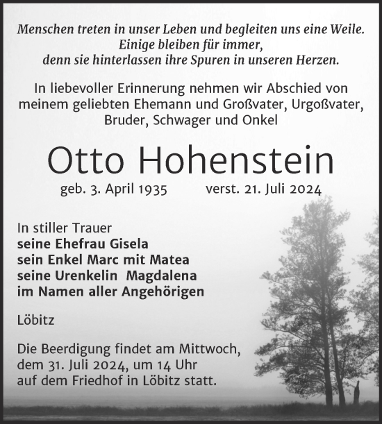 Traueranzeige von Otto Hohenstein von Naumburger Tageblatt