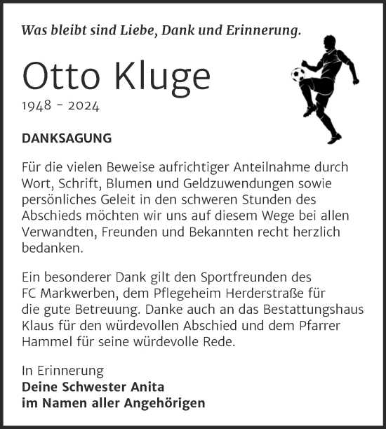Traueranzeige von Otto Kluge von Trauerkombi Weißenfels