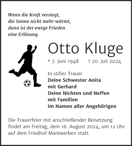 Traueranzeige von Otto Kluge von Trauerkombi Weißenfels