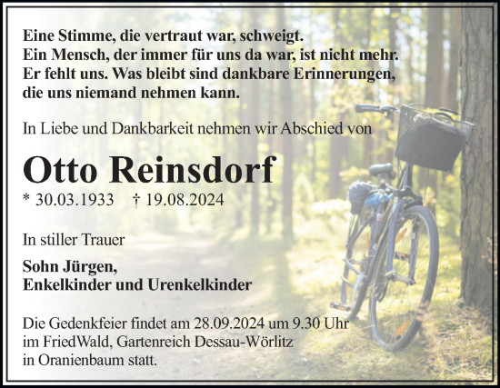 Traueranzeige von Otto Reinsdorf von Trauerkombi Dessau