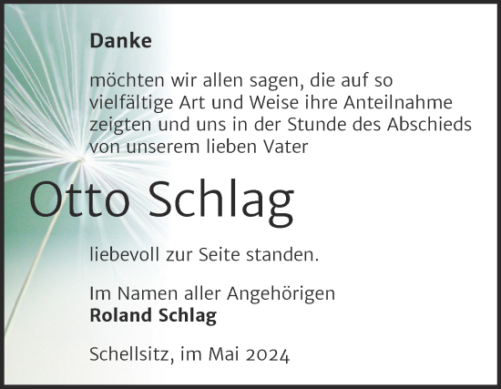 Traueranzeige von Otto Schlag von Naumburger Tageblatt