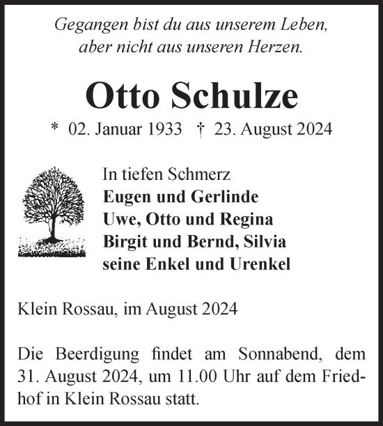 Traueranzeige von Otto Schulze von Volksstimme Altmark Ost