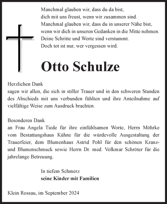 Traueranzeige von Otto Schulze von Volksstimme Altmark Ost