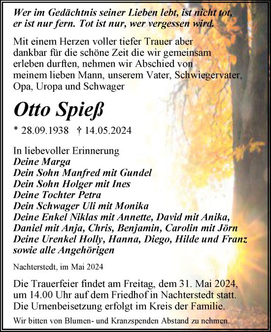Traueranzeige von Otto Spieß von Trauerkombi Aschersleben